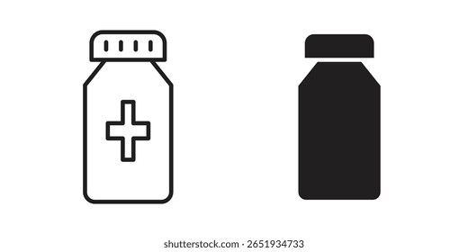 Medicine bottle icon. Flat and stroke versions. Graphic elements.