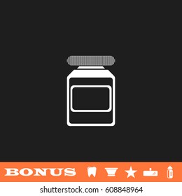 Medicine bottle icon flat. White pictogram on black background. Vector illustration symbol and bonus button tooth, vase, star, mirror, bottle