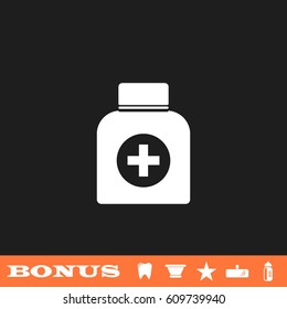 Medicine bottle icon flat. White pictogram on black background. Vector illustration symbol and bonus button tooth, vase, star, mirror, bottle