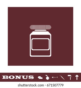 Medicine bottle icon flat. White pictogram on brown background. Vector illustration symbol and bonus icons