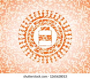 medicine bottle icon inside abstract emblem, orange mosaic background