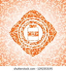 medicine bottle icon inside abstract emblem, orange mosaic background