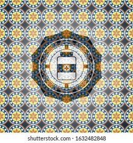 medicine bottle icon inside arabesque badge background. arabic decoration.