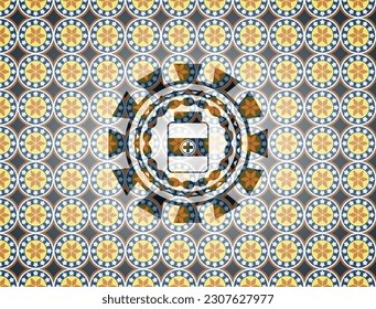 medicine bottle icon inside arabesque emblem background. arabic decoration. 