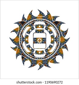 medicine bottle icon inside arabic style emblem. Arabesque decoration.