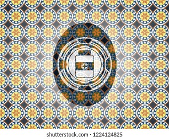 medicine bottle icon inside arabic style badge. Arabesque decoration.