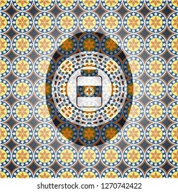 medicine bottle icon inside arabic emblem. Arabesque decoration.