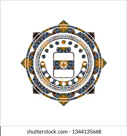 medicine bottle icon inside arabic emblem background. Arabesque decoration.