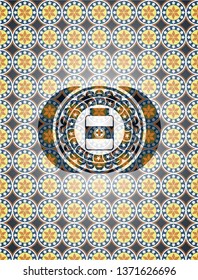 medicine bottle icon inside arabic emblem. Arabesque decoration.