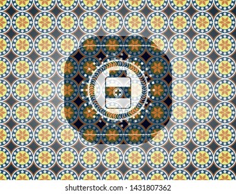 medicine bottle icon inside arabic emblem background. Arabesque decoration.