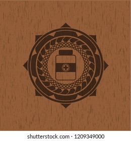 medicine bottle icon inside badge with wood background