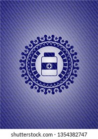 medicine bottle icon inside badge with denim background
