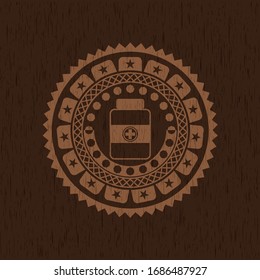 medicine bottle icon inside badge with wood background