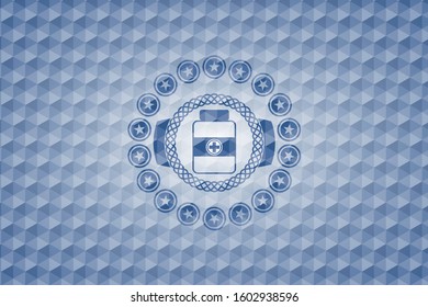 medicine bottle icon inside blue badge with geometric pattern.