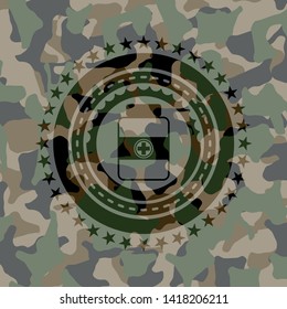 medicine bottle icon inside camo emblem