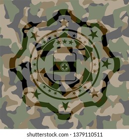 medicine bottle icon inside camouflage emblem