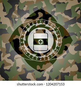 medicine bottle icon inside camouflaged emblem