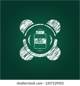 medicine bottle icon inside chalk emblem