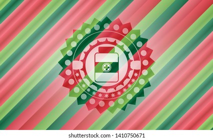 medicine bottle icon inside christmas colors style emblem.