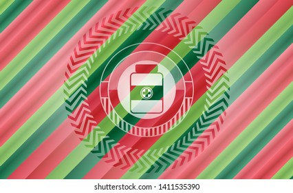 medicine bottle icon inside christmas style badge..
