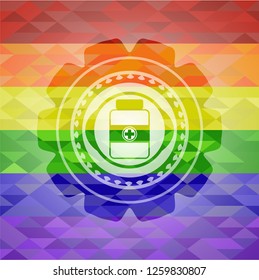 medicine bottle icon inside emblem on mosaic background with the colors of the LGBT flag