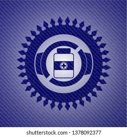 medicine bottle icon inside emblem with jean texture