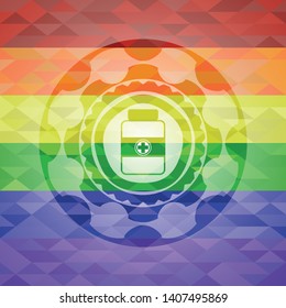 medicine bottle icon inside emblem on mosaic background with the colors of the LGBT flag