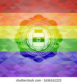 medicine bottle icon inside emblem on mosaic background with the colors of the LGBT flag
