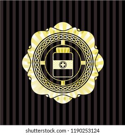 medicine bottle icon inside golden emblem or badge