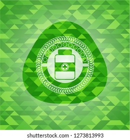 medicine bottle icon inside green emblem with mosaic ecological style background