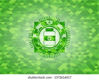 medicine bottle icon inside green emblem with mosaic ecological style background