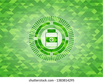 medicine bottle icon inside green emblem. Mosaic background