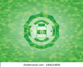 medicine bottle icon inside green emblem with mosaic ecological style background