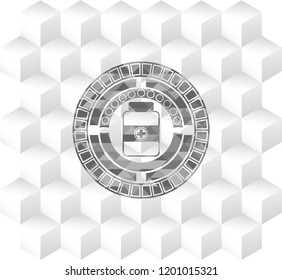  medicine bottle icon inside grey badge with geometric cube white background