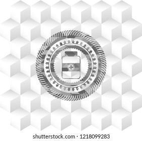 medicine bottle icon inside grey emblem. Retro with geometric cube white background