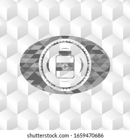 medicine bottle icon inside grey emblem. Retro with geometric cube white background