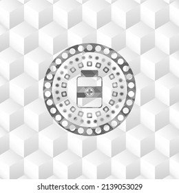 icono de la botella de medicina dentro del emblema gris. Vintage con fondo blanco cubo geométrico. 