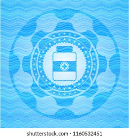 medicine bottle icon inside light blue water wave style emblem.