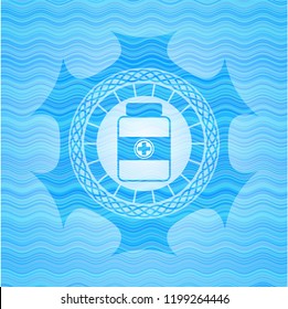 medicine bottle icon inside light blue water badge.