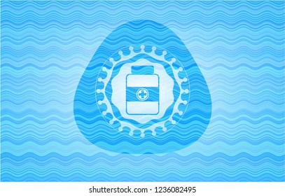 medicine bottle icon inside light blue water wave emblem background.