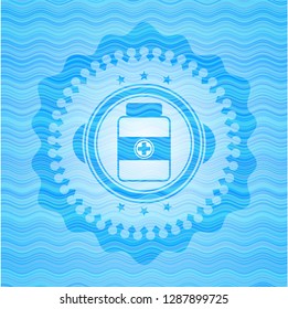 medicine bottle icon inside light blue water badge.