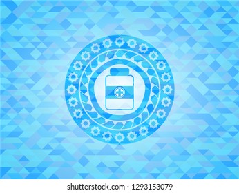 medicine bottle icon inside light blue emblem with mosaic ecological style background