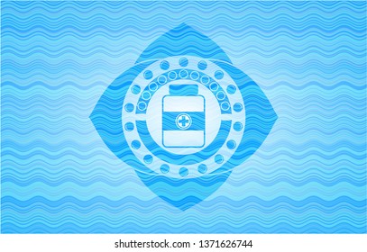 medicine bottle icon inside light blue water wave emblem.