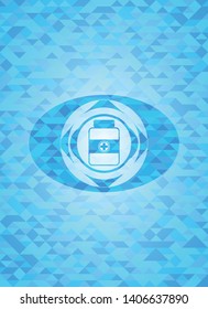 medicine bottle icon inside light blue emblem with triangle mosaic background