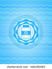 medicine bottle icon inside light blue water wave badge.
