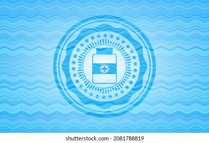 medicine bottle icon inside light blue water style badge. 