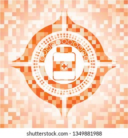 medicine bottle icon inside orange mosaic emblem with background