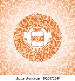 medicine bottle icon inside orange mosaic emblem with background. 