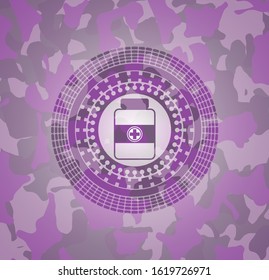 medicine bottle icon inside pink and purple camo texture
