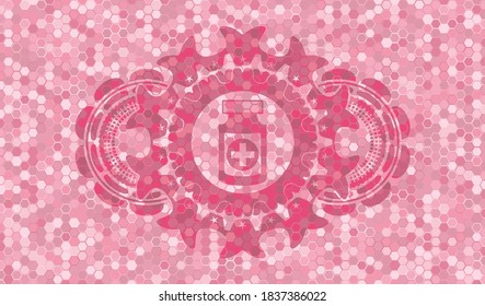 medicine bottle icon inside pink tiles mosaic style pattern realistic badge. Geometric hexagon delicate background. Illustration. 